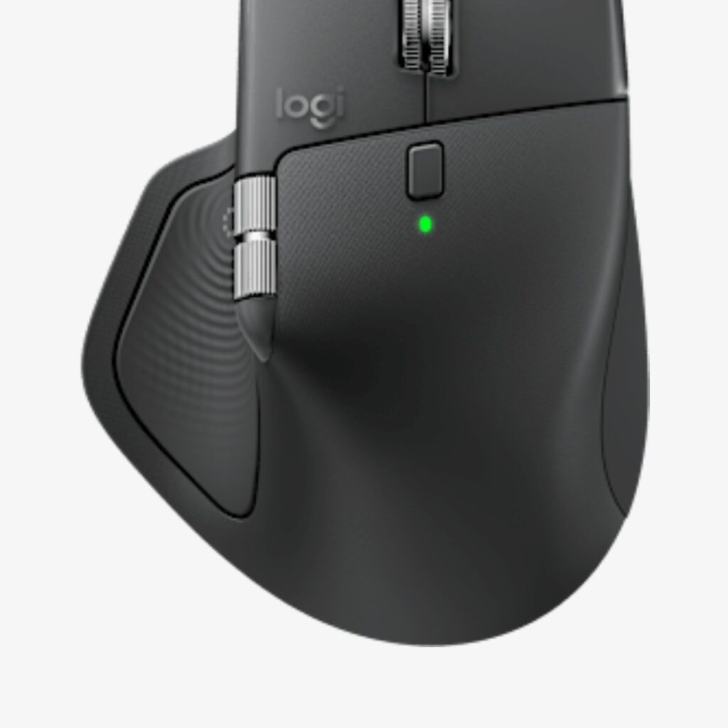 Close-up of the mx master 4 in graphite showing the textured palm rest and thumb area-1.