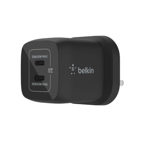 Belkin dual 45w usb-c pd gan fast charger with pps, pd 45w max single port. Pd 25w, pd 20w dual port-1