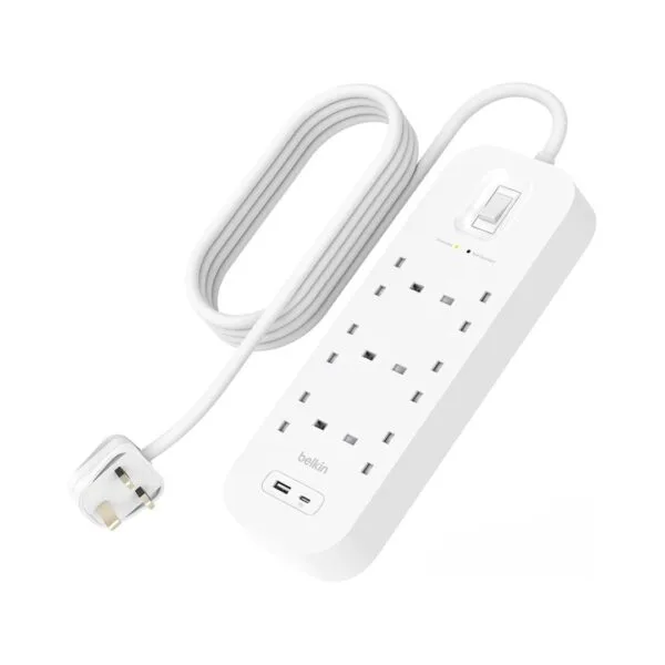 Belkin power strip surge protector 6 output 650j, 18w, usb a + c- srb002ar2m