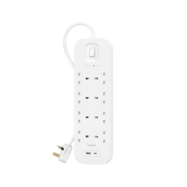 Belkin power strip surge protector 8-output 900j, 18w, usb a + c- srb003ar2m